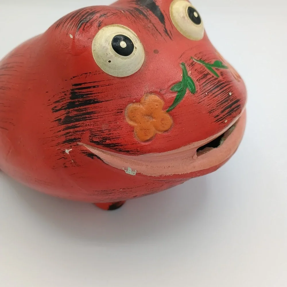 Vintage Painted Red Frog Coin Bank Resin